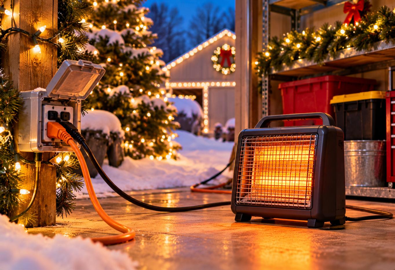 Portable space heater and holiday lights connected to an electrical outlet in a decorated garage, highlighting circuit safety and electrical overload risks during winter in Estelline.